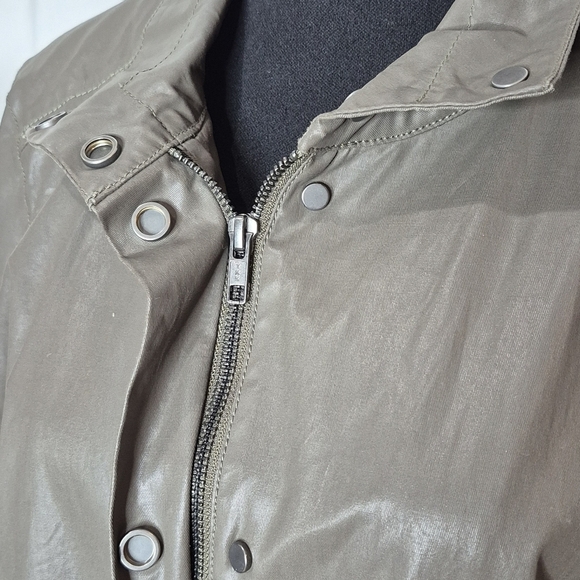 Eileen Fisher Olive Green Waxed Cotton Twill A-Line Jacket Hoodless - Size M - Picture 7 of 16